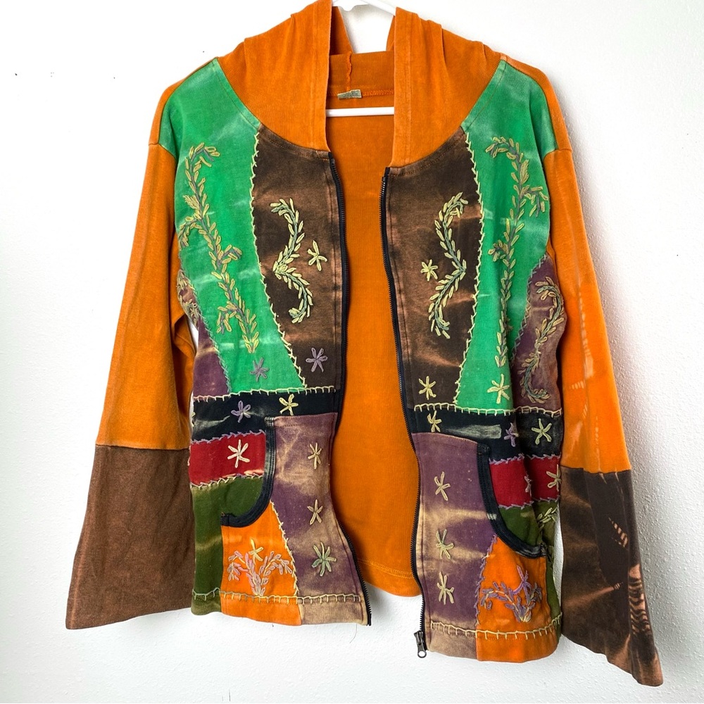 Patchwork Embroidered Zip Front Hooded Sweatshirt… - image 6